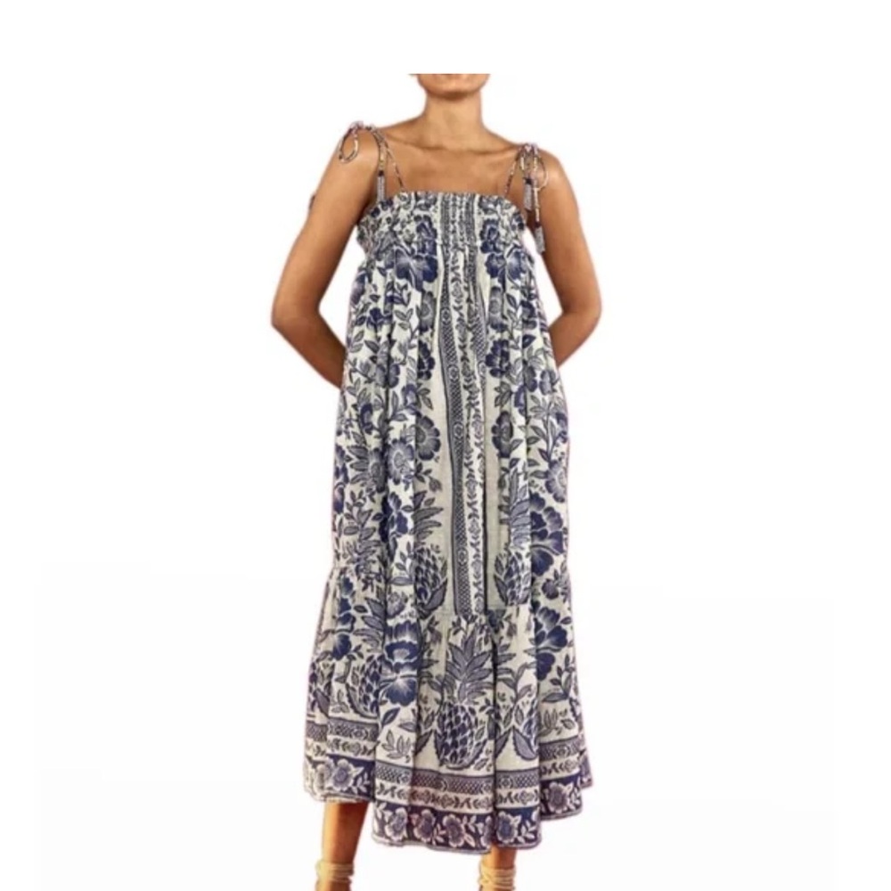Farm Rio Womens Dress Size L Blue Pineapple Garden Shoulder Tie Midi Beads